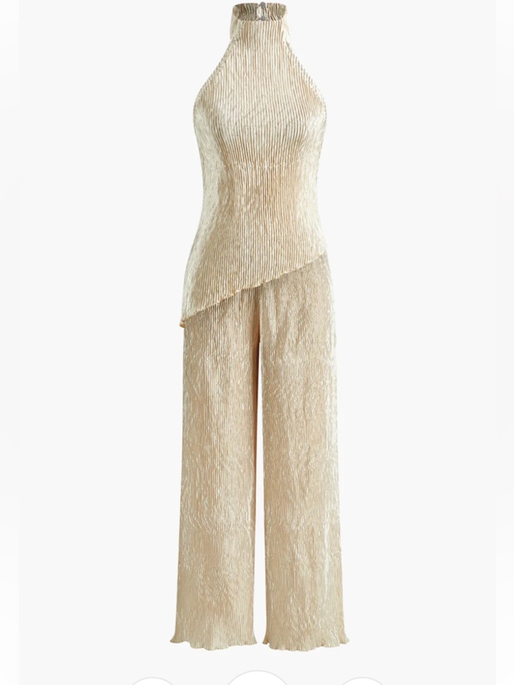 Commense Cream Pleated Halter Wide-Leg Jumpsuit